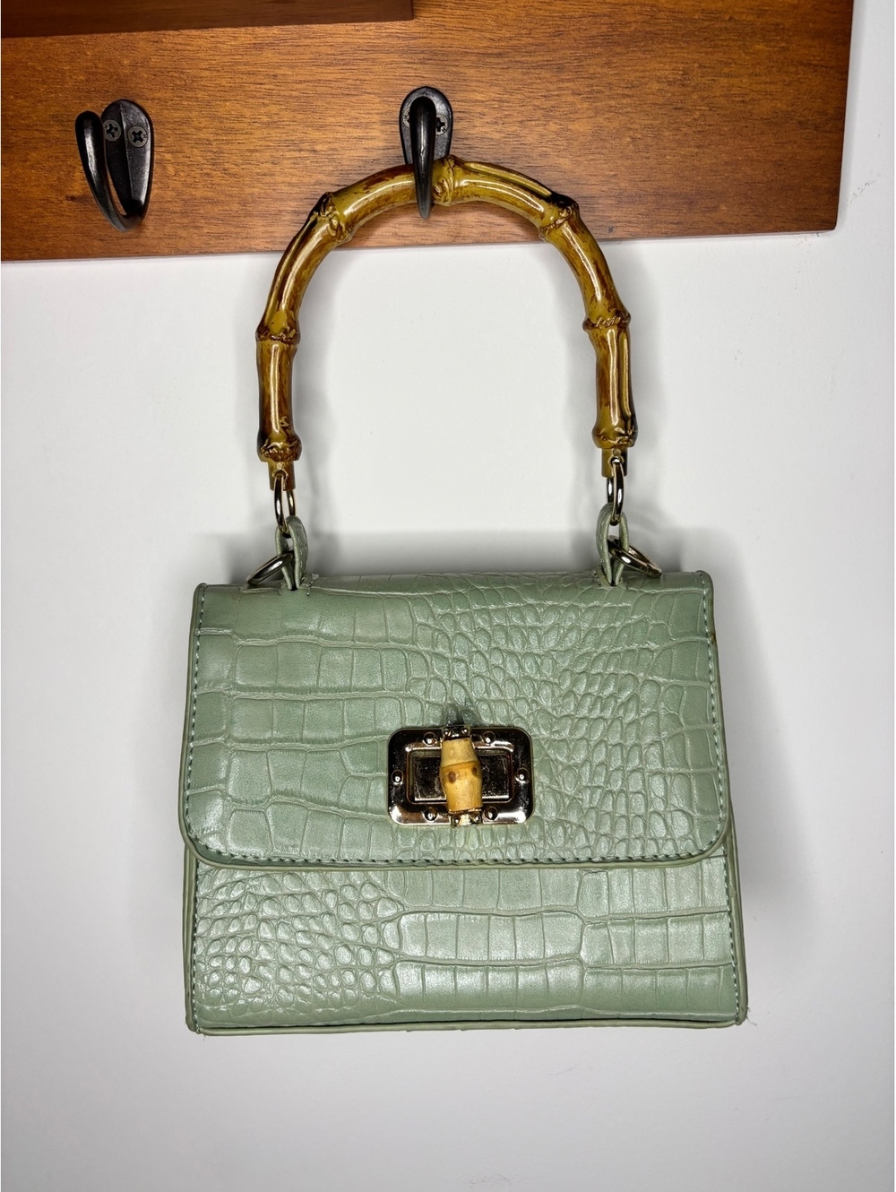 Light Green Croc Embossed Top Handle Handbag with Bamboo Handle